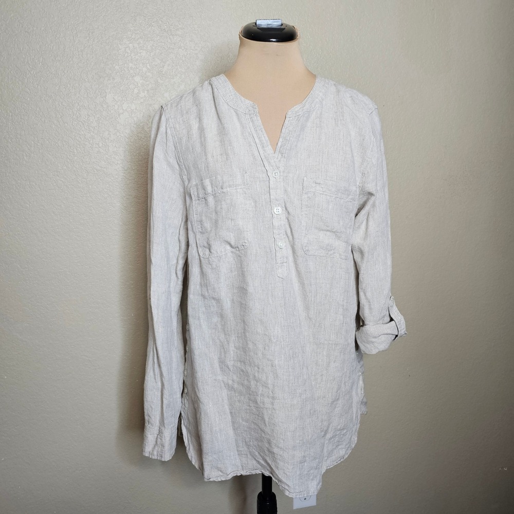 Talbots Medium Natural Beige 100% Linen Roll Tab Sleeve Button Hem Tunic Top - Picture 1 of 10